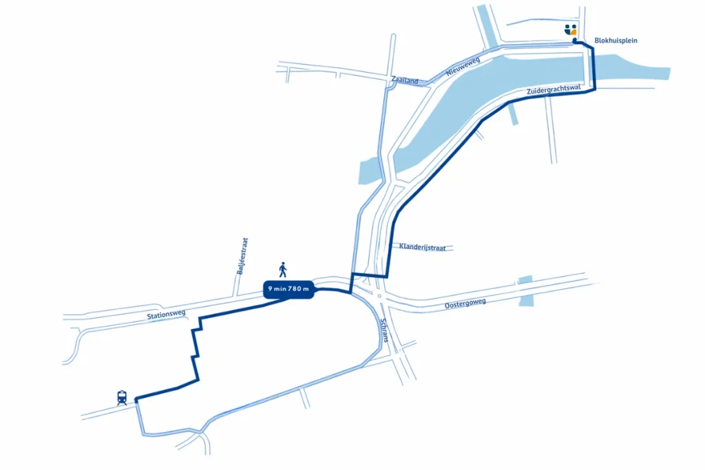 Looproute vanaf station Leeuwarden naar Santema & Hofstra Advocaten aan de Nieuweweg 11 in Leeuwarden