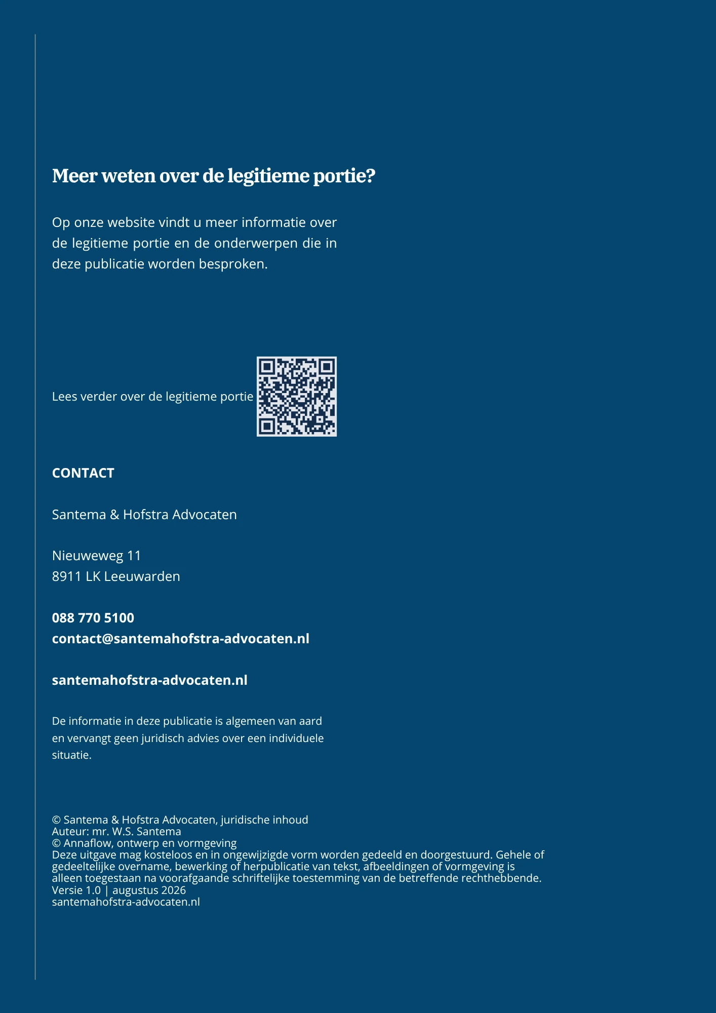 Slotpagina van de publicatie met verwijzing naar verdere informatie over de legitieme portie en contactgegevens
