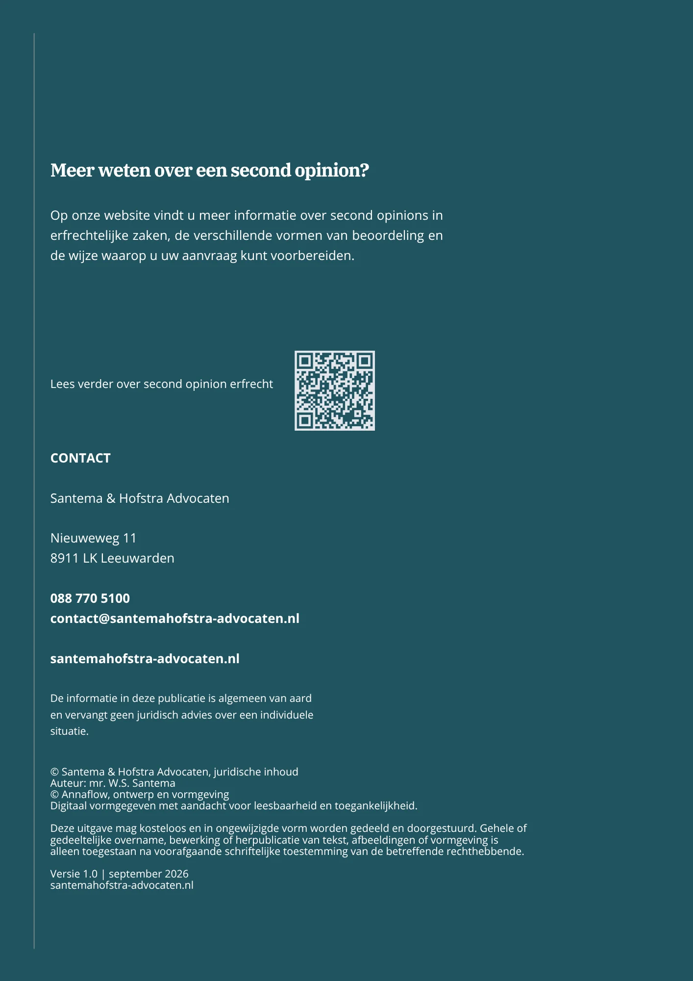 Contactgegevens en verwijzing naar meer informatie over second opinion erfrecht bij Santema & Hofstra Advocaten