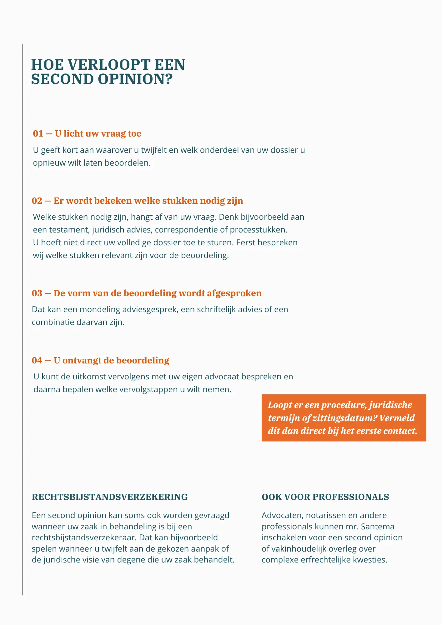 Uitleg in vier stappen over hoe een second opinion in het erfrecht verloopt, inclusief aandacht voor benodigde stukken, termijnen, rechtsbijstandsverzekering en professionals